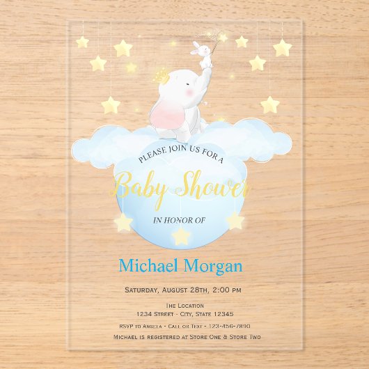 Cute Elephant Moon Stars Acrylic Invitation アクリル招待状 (正面)