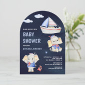 Cute Elephant Nautical Boat Navy Blue Baby Shower 招待状 (スタンド正面)