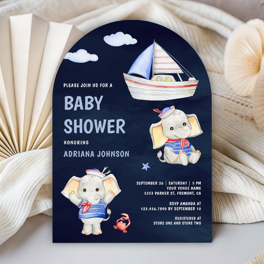 Cute Elephant Nautical Boat Navy Blue Baby Shower 招待状