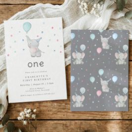 Cute Elephant One 1st Birthday Party 招待状