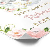 Cute Elephant Pink Floral Baby Shower Welcome Sign ポスター (角)