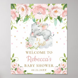 Cute Elephant Pink Floral Baby Shower Welcome Sign ポスター