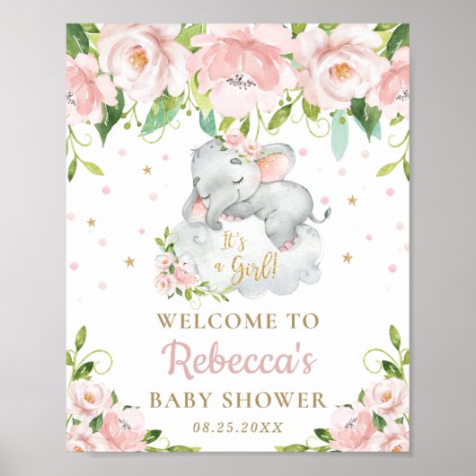 Cute Elephant Pink Floral Baby Shower Welcome Sign ポスター (正面)