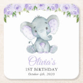 Cute Elephant, Purple Flowers, First Birthday スクエアペーパーコースター (正面)