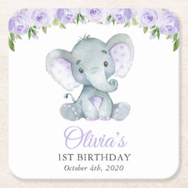 Cute Elephant, Purple Flowers, First Birthday スクエアペーパーコースター