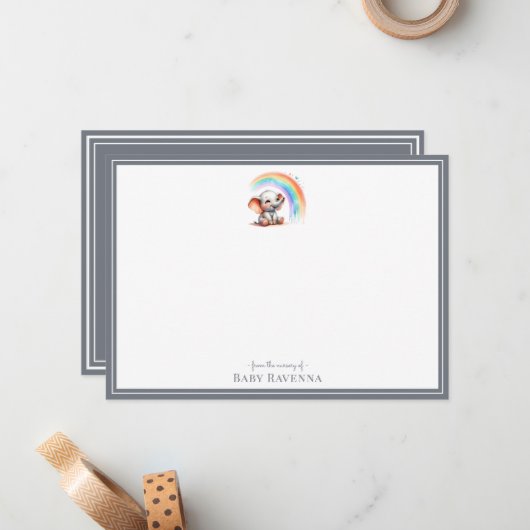 Cute Elephant Slate Gray Chic Nursery Note Card ノートカード (正面/裏面インサイチュ)