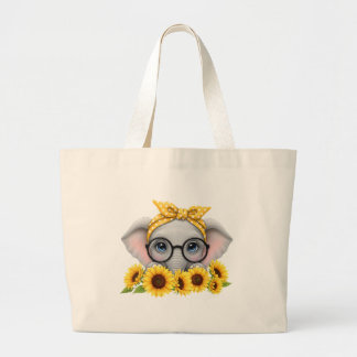 Cute Elephant Sunflower Tote Bag ラージトートバッグ