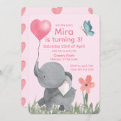 Cute Elephant with Ballon Birthday Party 招待状 (正面/裏面)