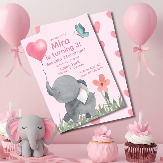 Cute Elephant with Ballon Birthday Party  招待状