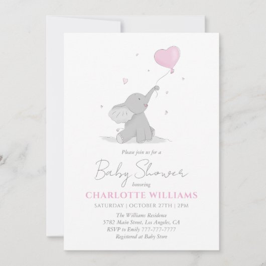 Cute Elephant with Balloon Baby Shower 招待状 (正面)