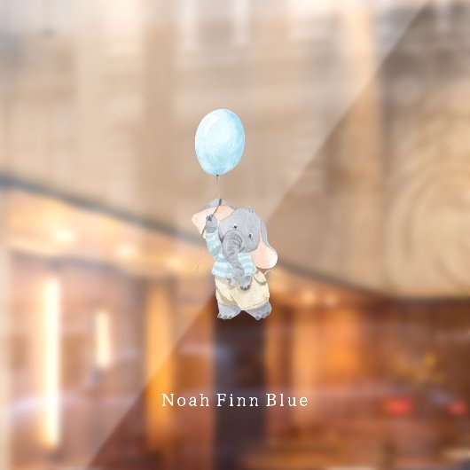 Cute Elephant With Blue Balloon Name Sticker ウィンドウサイン (シート2)