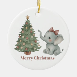 Cute Elephant with Christmas Tree Ornament セラミックオーナメント