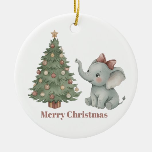 Cute Elephant with Christmas Tree Ornament セラミックオーナメント (正面)