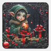 Cute Elf Child in Green Hooded Coat  スクエアシール (正面)