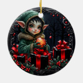 Cute Elf Child in Green Hooded Coat セラミックオーナメント (裏面)