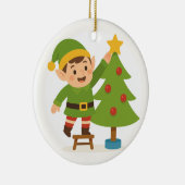 Cute Elf Decorating Tree Personalized Family Name セラミックオーナメント (右)