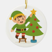 Cute Elf Decorating Tree Personalized Family Name セラミックオーナメント (正面)