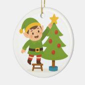 Cute Elf Decorating Tree Personalized Family Name セラミックオーナメント (左)