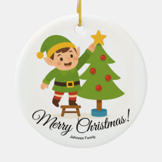 Cute Elf Decorating Tree Personalized Family Name セラミックオーナメント