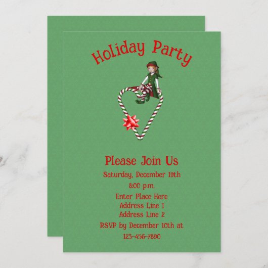 Cute Elf On Candy Cane Heart Christmas Holiday  招待状 (正面/裏面)