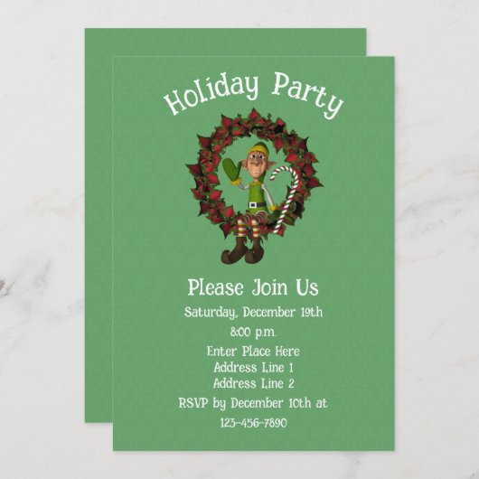 Cute Elf On Poinsettia Wreath Christmas Holiday  招待状 (正面/裏面)
