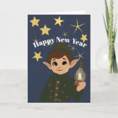 Cute Elf Watcher Starry Night Happy New Year Foldi カード (正面)