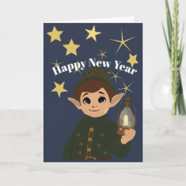 Cute Elf Watcher Starry Night Happy New Year Foldi カード