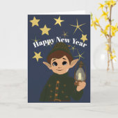 Cute Elf Watcher Starry Night Happy New Year Foldi カード (黄色い花)