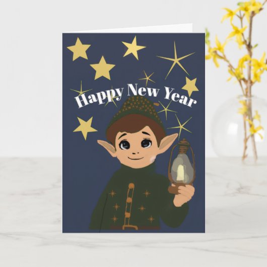 Cute Elf Watcher Starry Night Happy New Year Foldi カード (黄色い花)