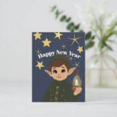Cute Elf Watcher Starry Night Happy New Year Postc ポストカード (スタンド正面)