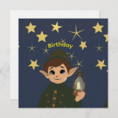 Cute Elf Watcher Starry Night Kids Birthday Party 招待状 (正面/裏面)