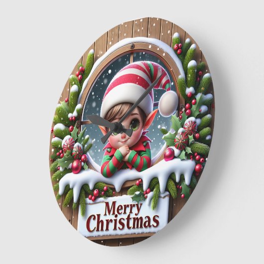 Cute Elf Window Merry Christmas ラージ壁時計 (傾斜)