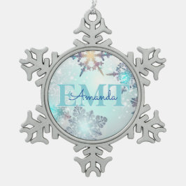Cute EMT Ice Blue Snowflake Personalized Name  スノーフレークピューターオーナメント