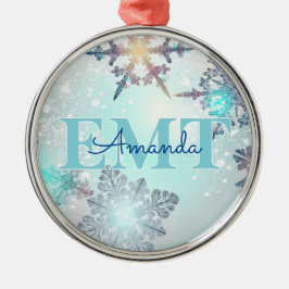 Cute EMT Ice Blue Snowflake Personalized Name  メタルオーナメント