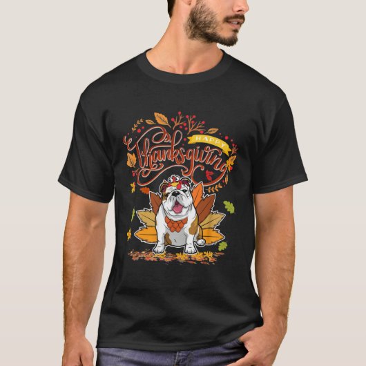 Cute English Bull Dog Happy Thanksgiving Turkey Do Tシャツ (正面)