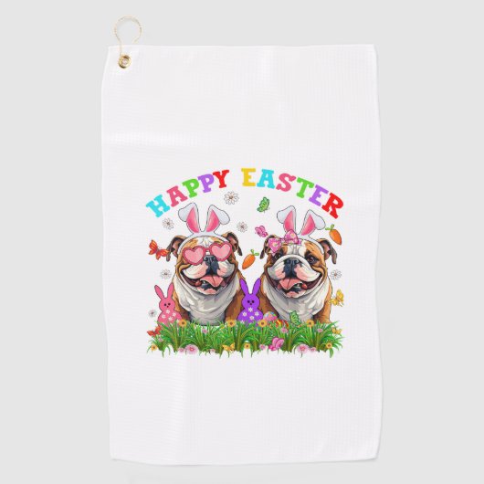 Cute English Bulldog Dog & Bunny Ears Eggs Happy E ゴルフタオル (正面)