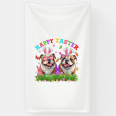 Cute English Bulldog Dog & Bunny Ears Eggs Happy E 横断幕 (縦)