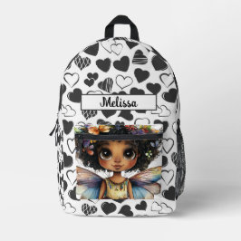 Cute Fairy Black Girl Hearts Customizable Name  プリントバックパック