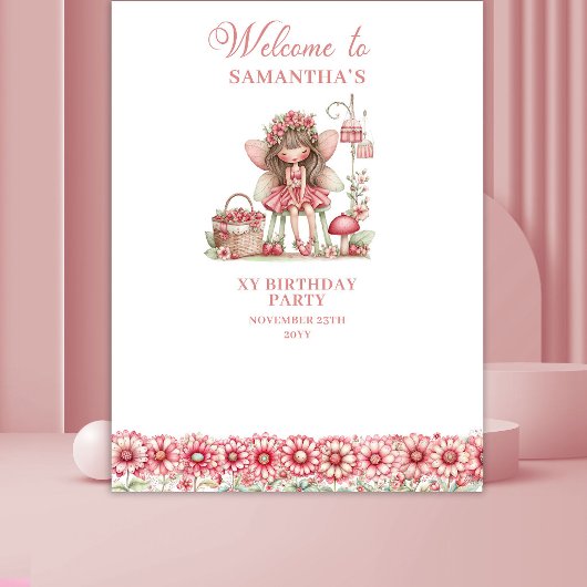 Cute Fairy Floral Pink Whimsy 5 Birthday Backdrop タペストリー
