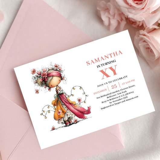 Cute Fairy Girl 6th Birthday Pink Blush invitation 招待状