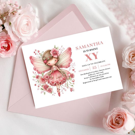 Cute Fairy Girl Birthday Floral Pink Invitation 招待状