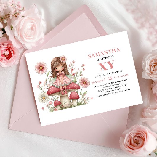 Cute Fairy Girl Birthday Pink Flowers Invitation 招待状
