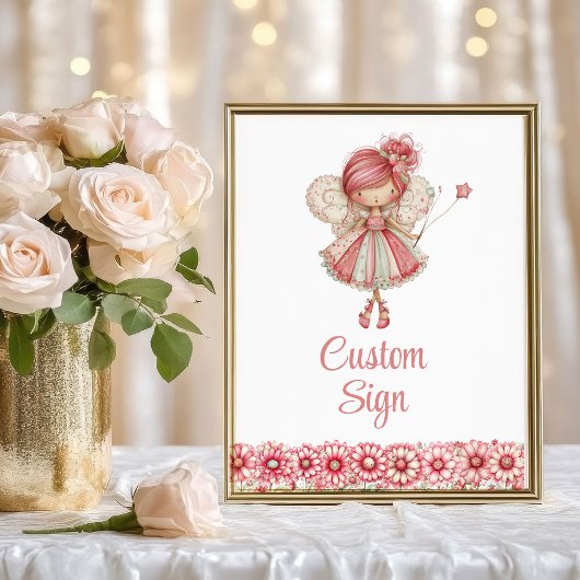 Cute Fairy Girl Blush Floral Birthday Custom Sign ポスター