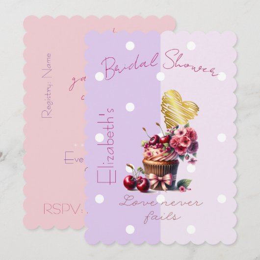 Cute Faith Pastel Cherry Bow Floral Cupcake Heart 招待状 (正面/裏面)
