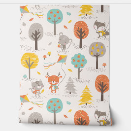 Cute Fall Forest animals with kites and trees 壁紙