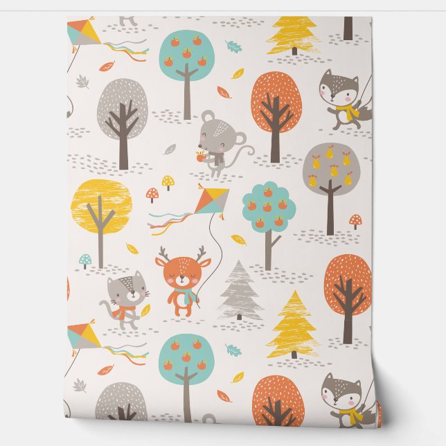 Cute Fall Forest animals with kites and trees 壁紙 (ほどく)
