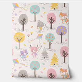 Cute Fall Forest animals with kites and trees 壁紙