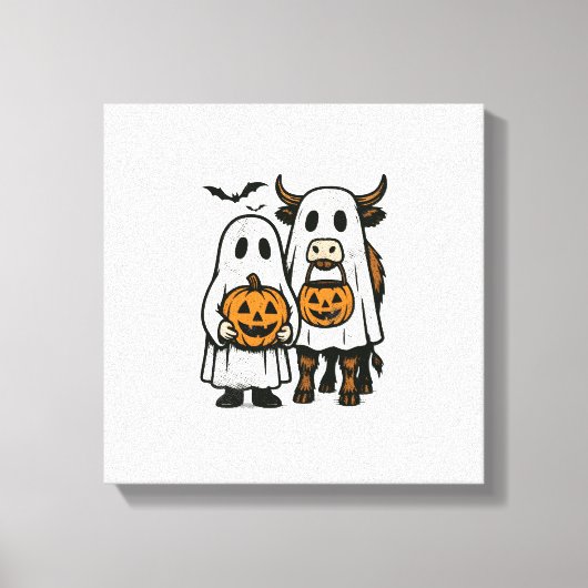 Cute Fall Highland Cow Ghost Halloween 2 キャンバスプリント (正面)