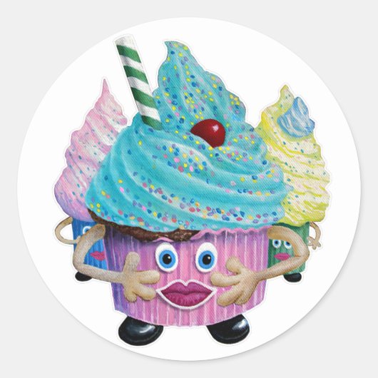 Cute Fantasy Creatur Cupcakes Illustrated ラウンドシール (正面)