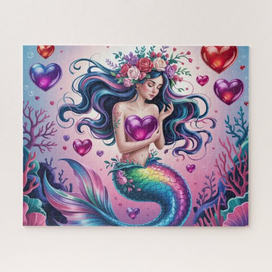 Cute Fantasy Mermaid With Hearts ジグソーパズル (横)